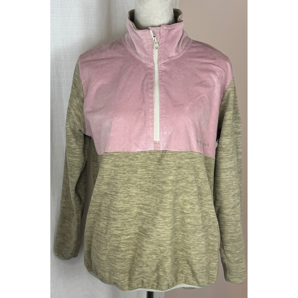 Simply Southern Women Pink Green Corduroy Panel Quarter Zip Pullover Medium